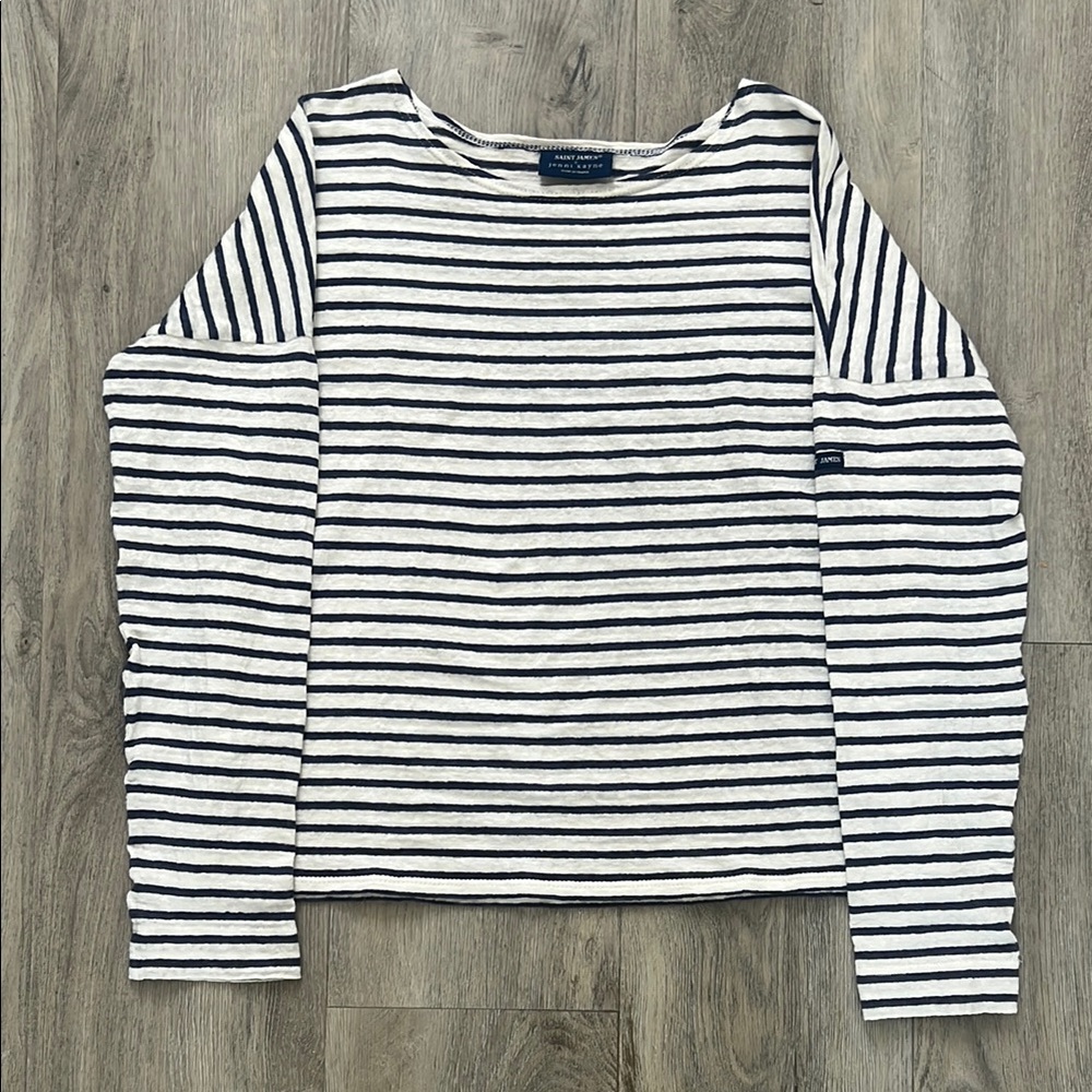 Jenni Kayne/Saint James White and Navy Long Sleeve Boxy Linen LS Tee size Small